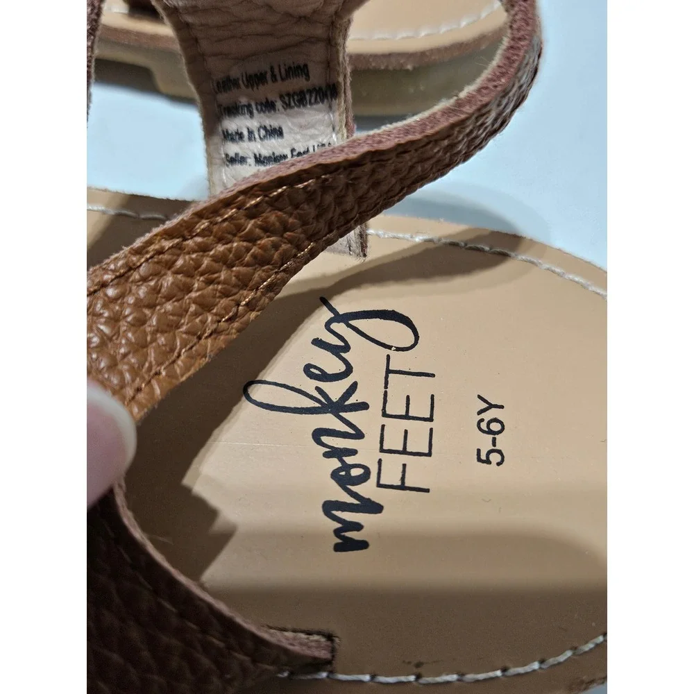 Monkey Feet Girls Brown Braided Leather T Strap Sandals Size 5 6Y